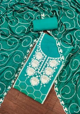 Teal Embroidered Silk Dress Material