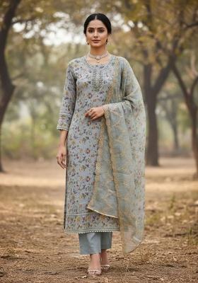 Grey Embroidered Viscose Dress Material