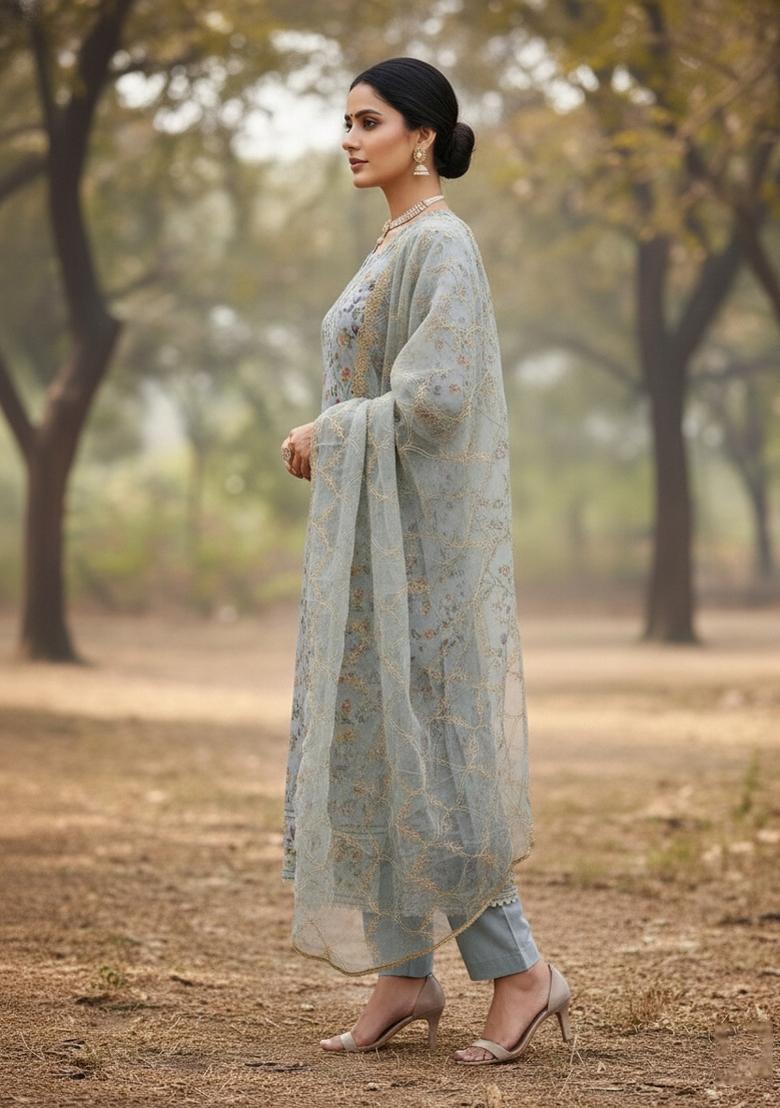 Grey Embroidered Viscose Dress Material - Indya