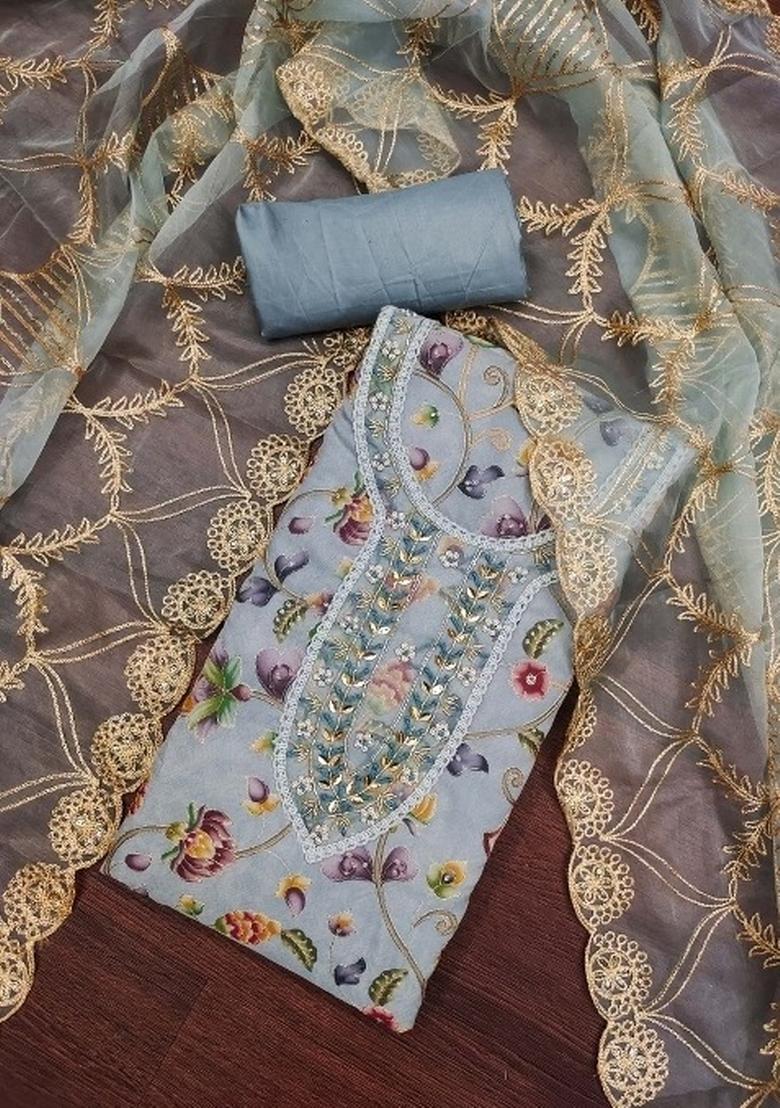 Grey Embroidered Viscose Dress Material - Indya