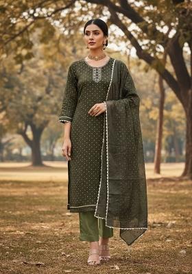 Green Embroidered Oragnza Dress Material