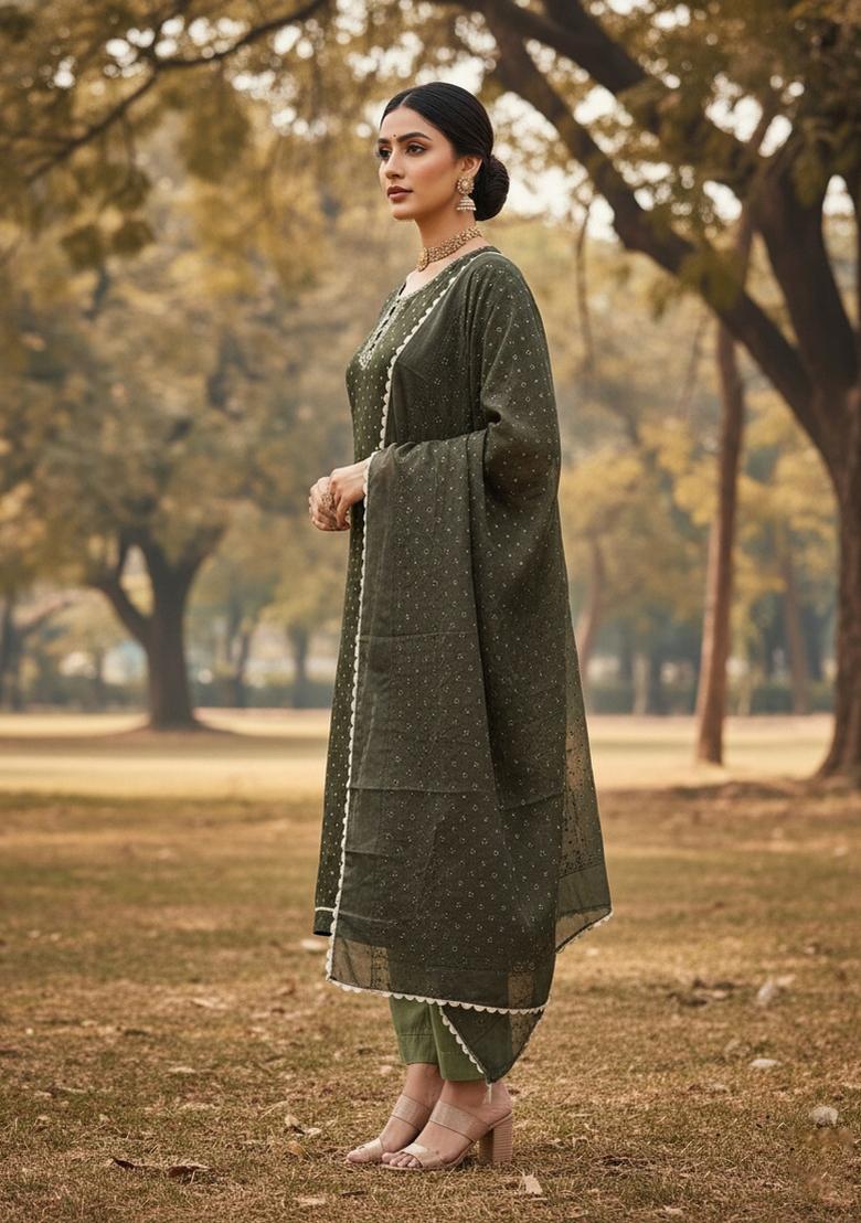 Green Embroidered Oragnza Dress Material - Indya