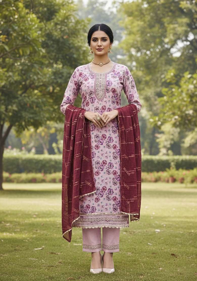 Baby Pink Embroidered Viscose Dress Material - Indya