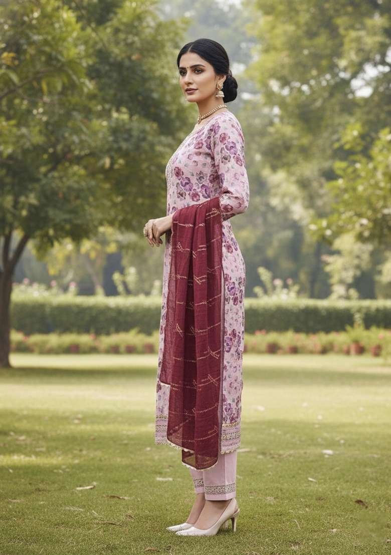 Baby Pink Embroidered Viscose Dress Material - Indya