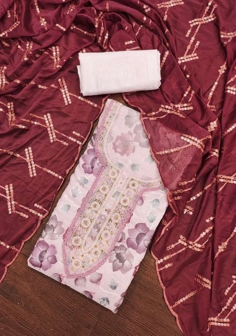 Baby Pink Embroidered Viscose Dress Material - Indya