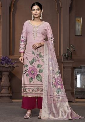 Peach Embroidered Cotton Blend Dress Material