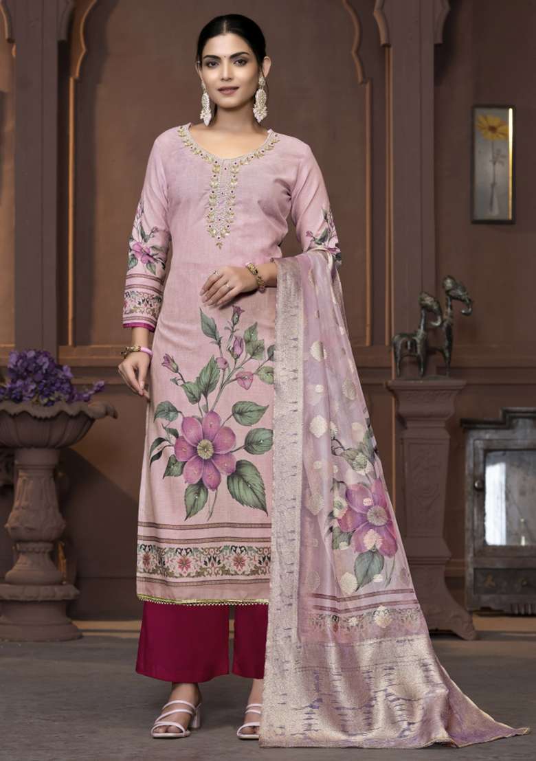 Peach Embroidered Blended Straight Kurta Set - Indya