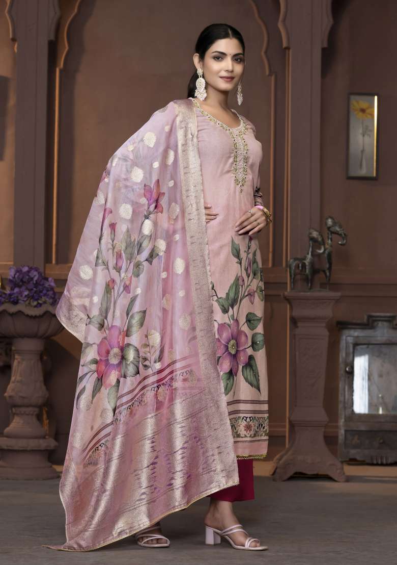 Peach Embroidered Blended Straight Kurta Set - Indya