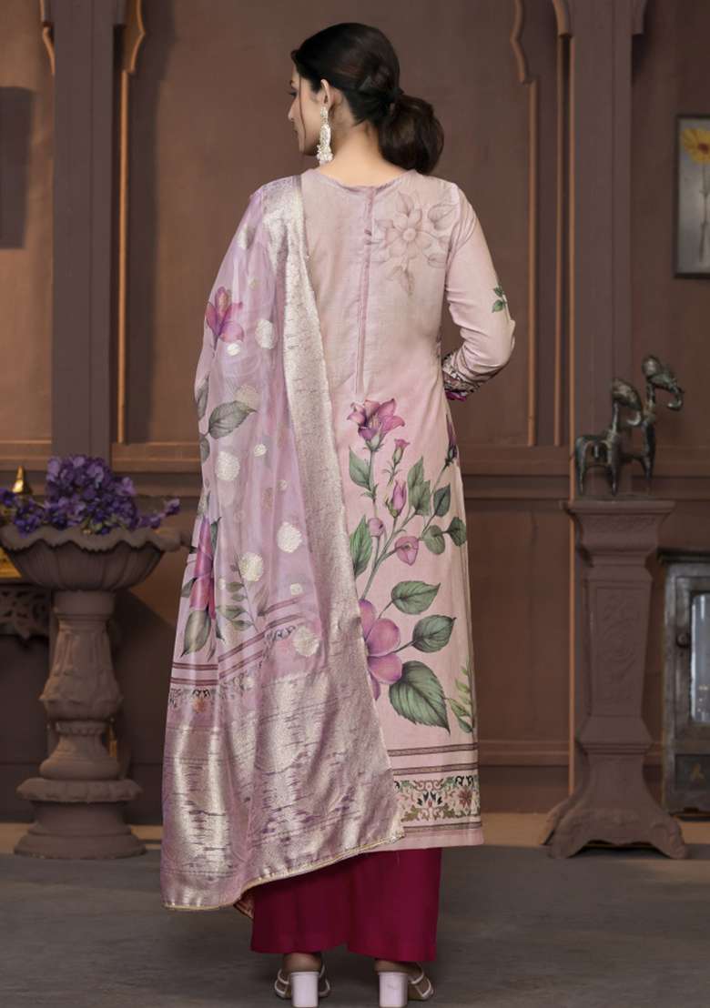 Peach Embroidered Blended Straight Kurta Set - Indya