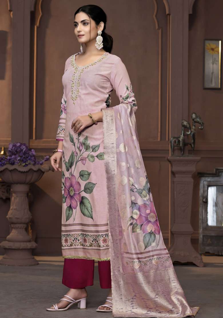 Peach Embroidered Blended Straight Kurta Set - Indya