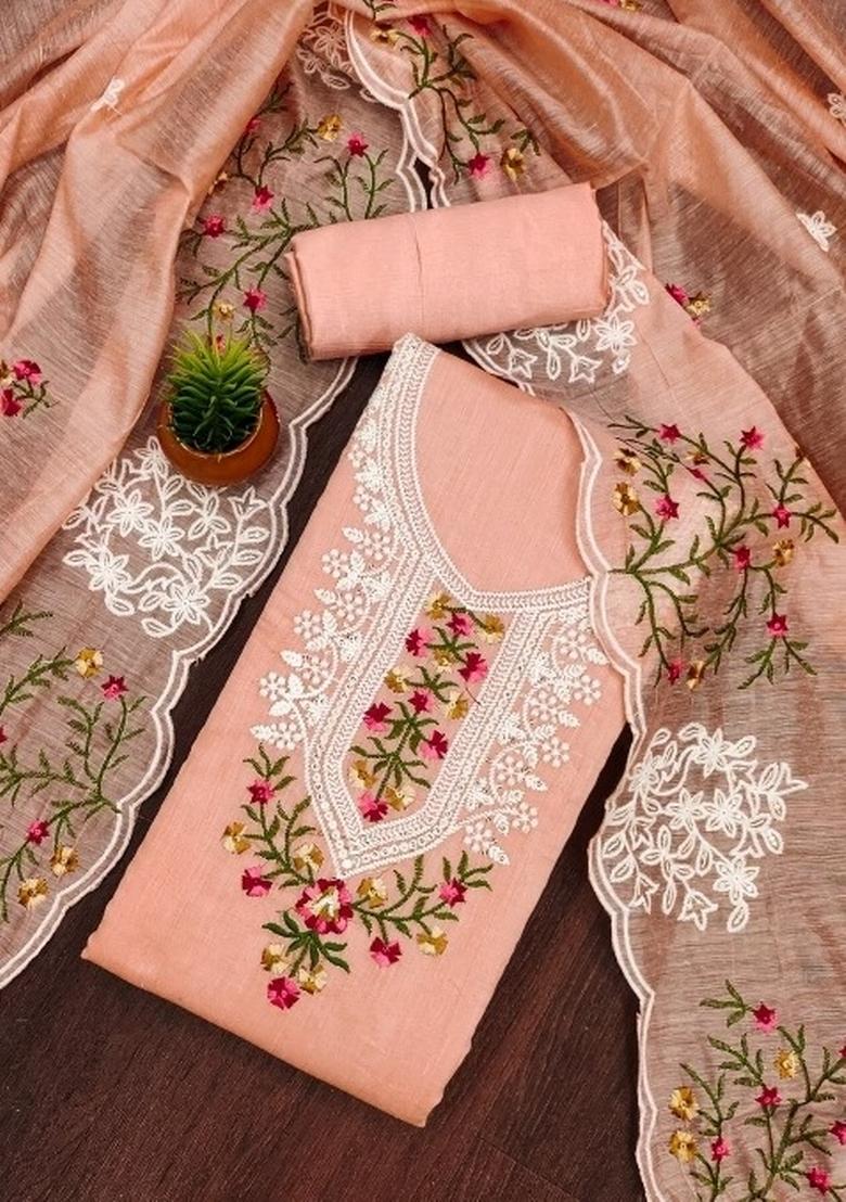 Peach Embroidered Cotton Blend Dress Material - Indya