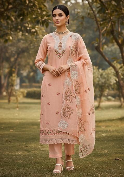 Peach Embroidered Cotton Blend Dress Material
