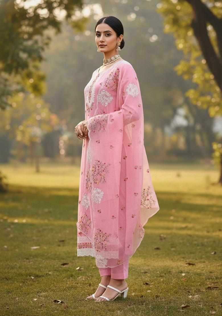 Pink Embroidered Cotton Blend Dress Material - Indya