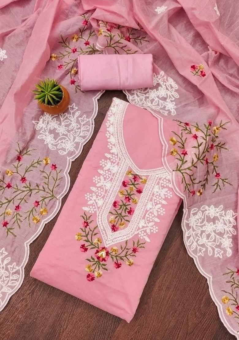 Pink Embroidered Cotton Blend Dress Material - Indya