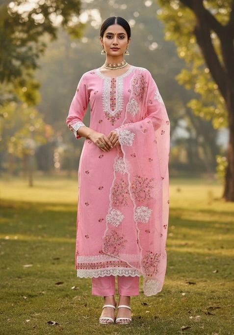 Pink Embroidered Cotton Blend Dress Material