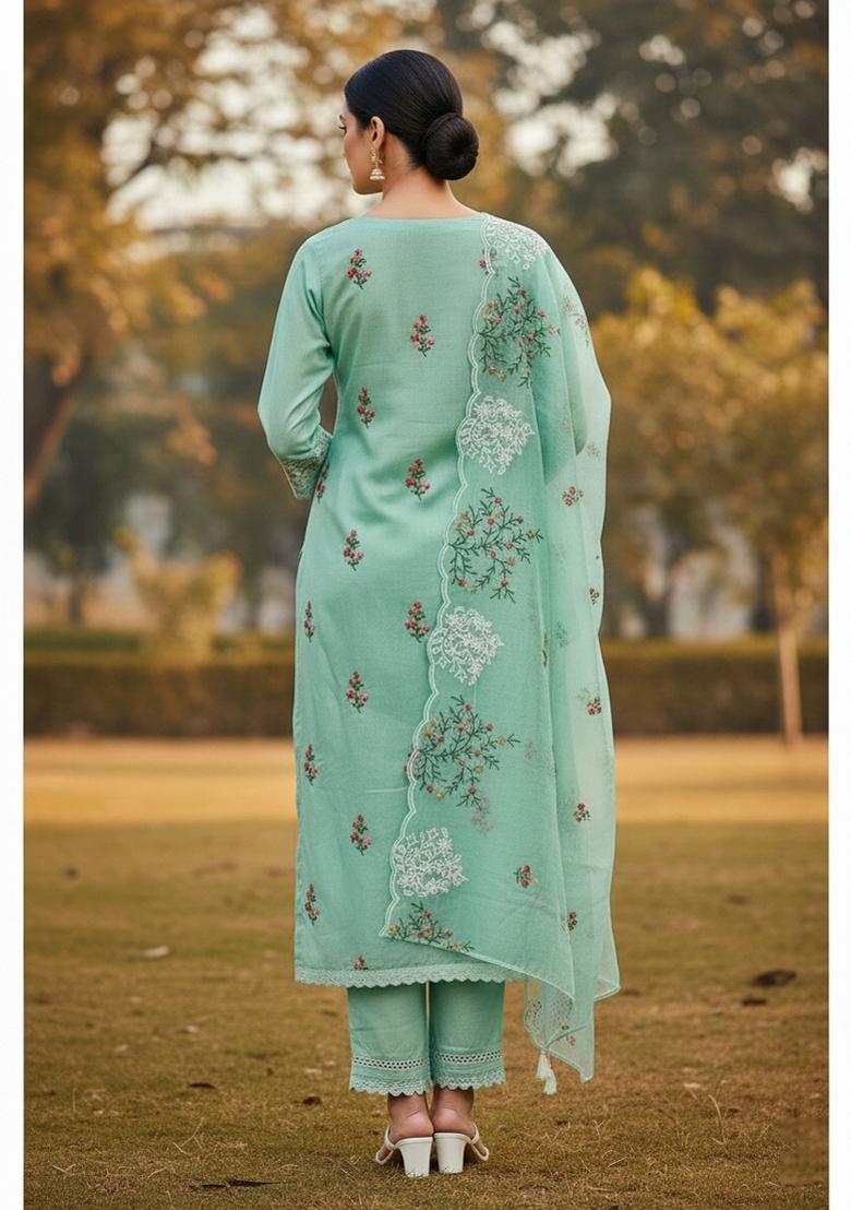 Sea Green Embroidered Cotton Blend Dress Material - Indya