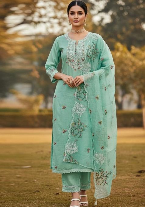 Sea Green Embroidered Cotton Blend Dress Material