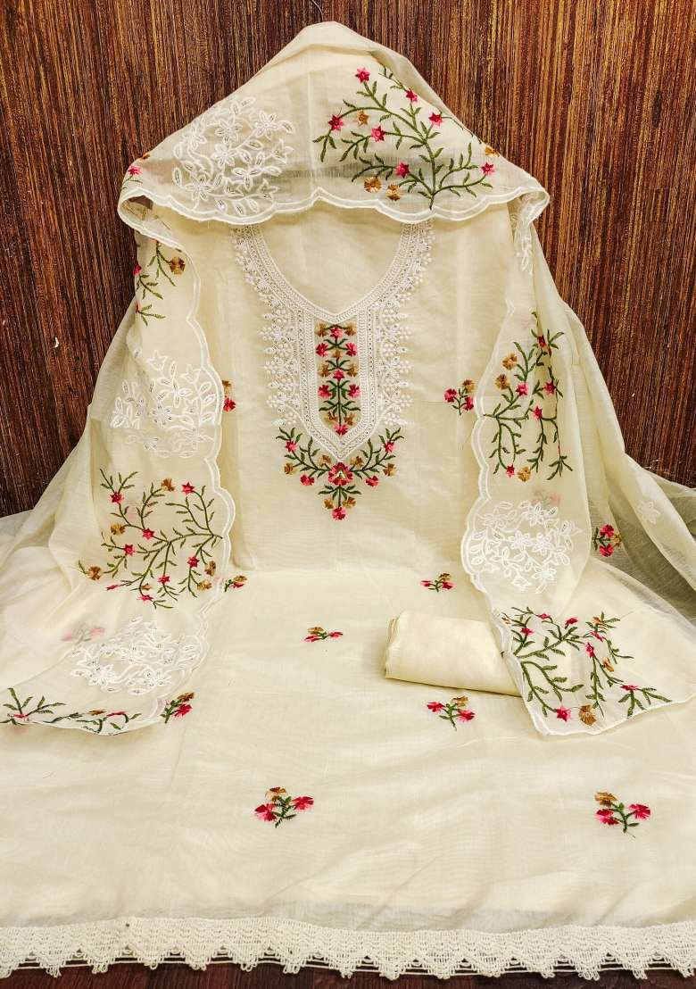 White Embroidered Blended Pakistani Suit Set - Indya