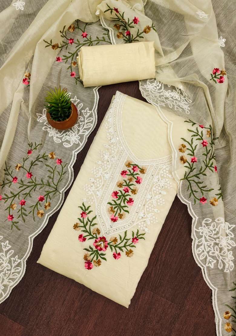 White Embroidered Blended Pakistani Suit Set - Indya