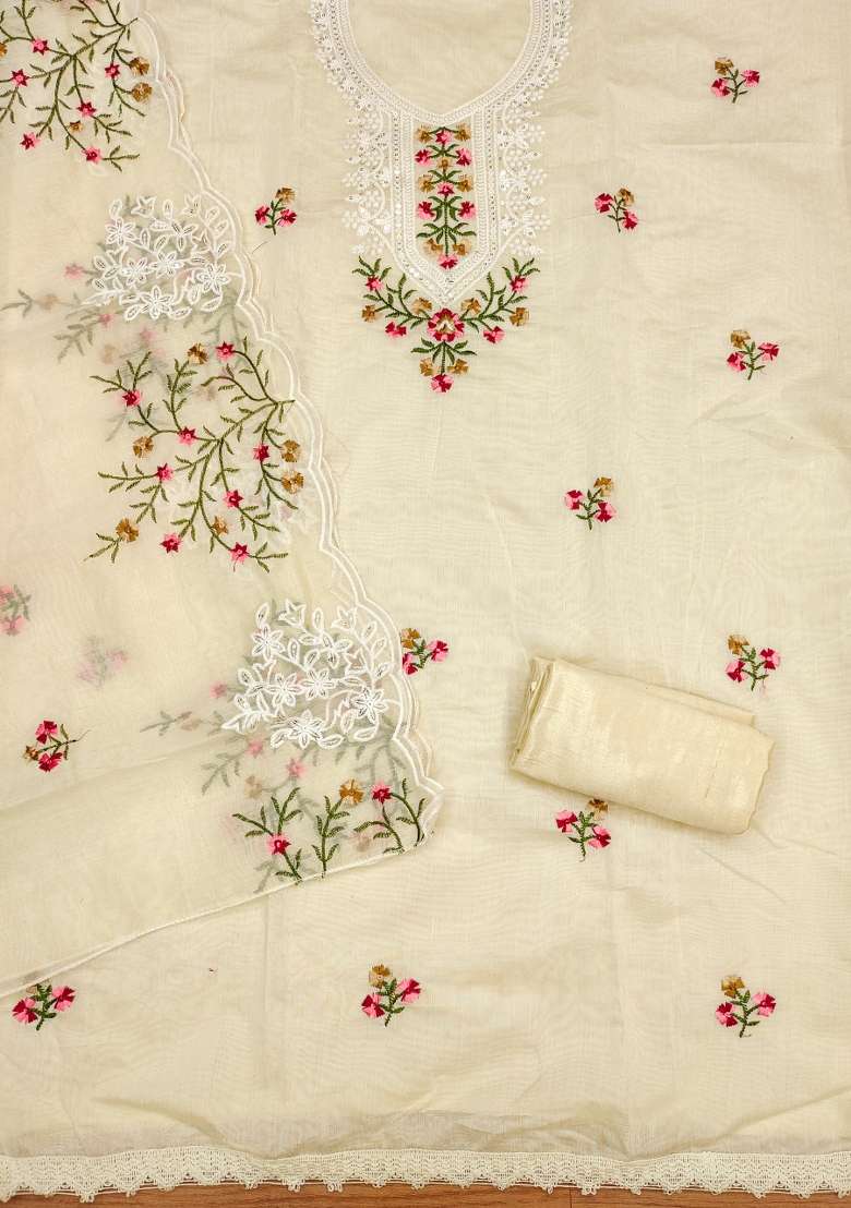 White Embroidered Blended Pakistani Suit Set - Indya