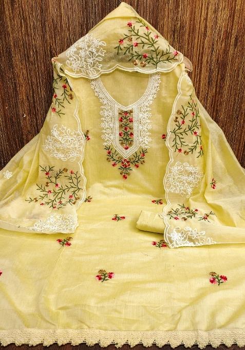 Yellow Embroidered Cotton Blend Dress Material