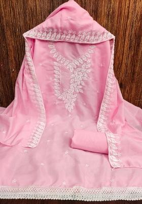 Baby Pink Embroidered Cotton Blend Dress Material