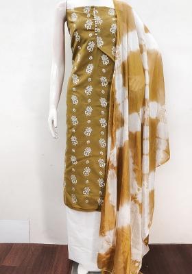 Beige Embroidered Cotton Blend Dress Material