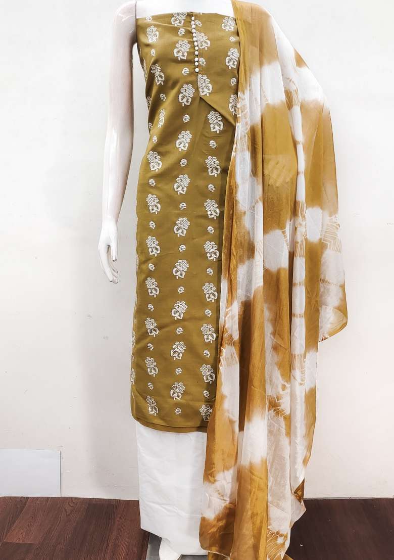 Beige Embroidered Blended Straight Kurta Set - Indya