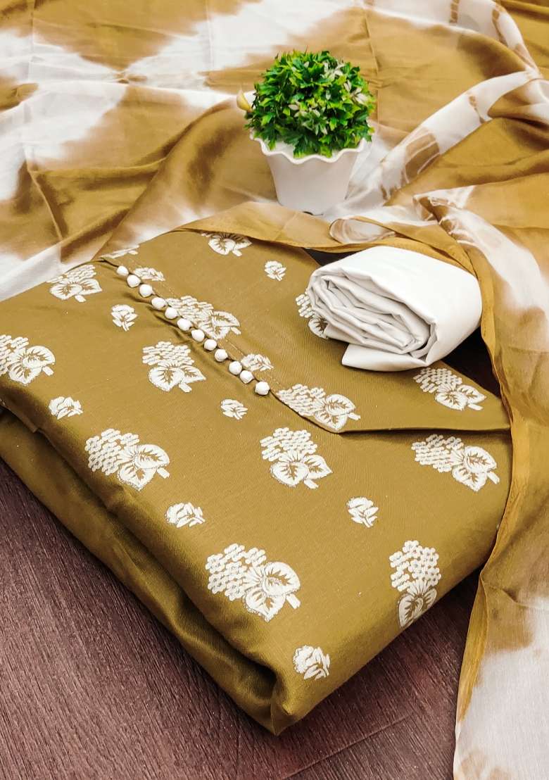 Beige Embroidered Blended Straight Kurta Set - Indya