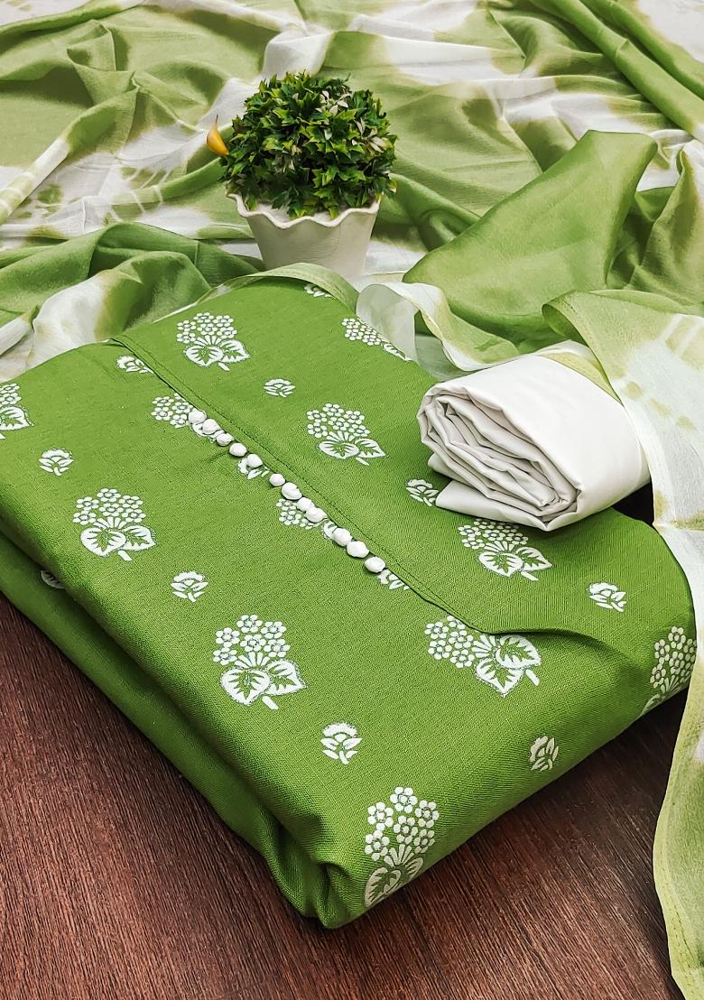 Green Embroidered Cotton Blend Dress Material - Indya