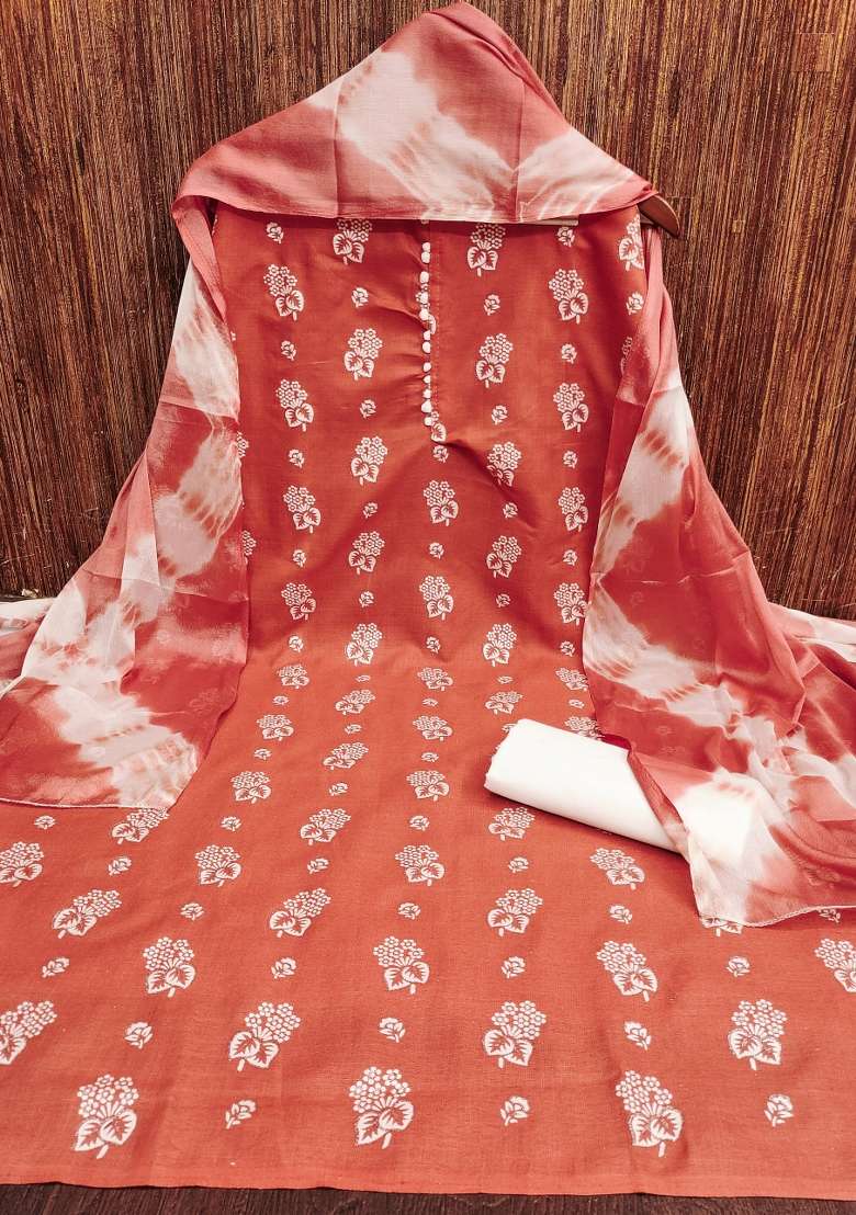 Rust Floral Print Cotton Straight Kurta Set - Indya