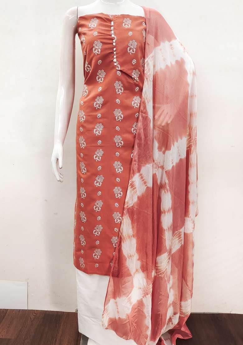 Rust Floral Print Cotton Straight Kurta Set - Indya