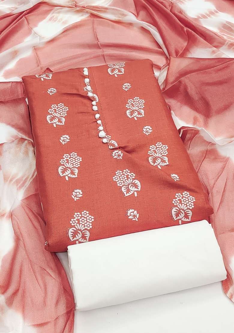 Rust Floral Print Cotton Straight Kurta Set - Indya