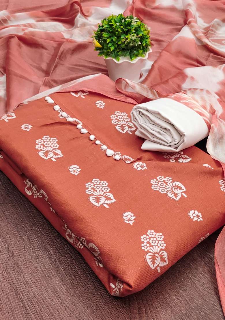Rust Floral Print Cotton Straight Kurta Set - Indya
