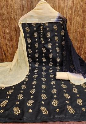 Black Embroidered Cotton Blend Dress Material