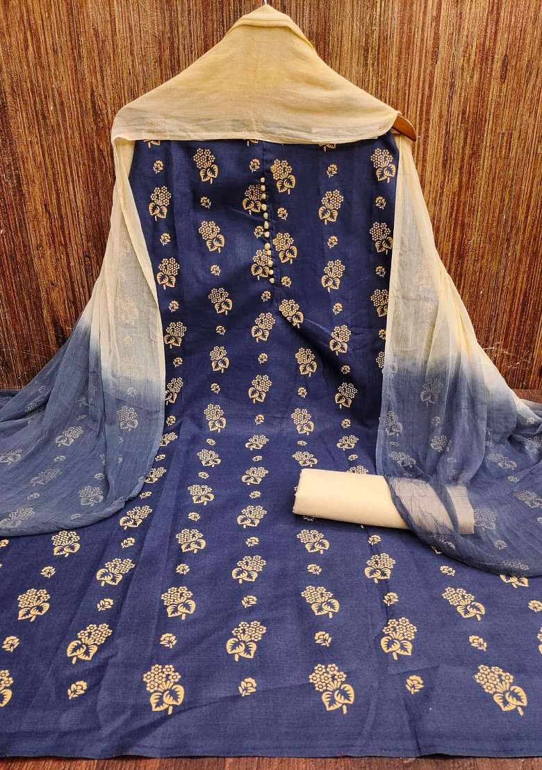 Navy Blue Printed Cotton Straight Kurta Set - Indya