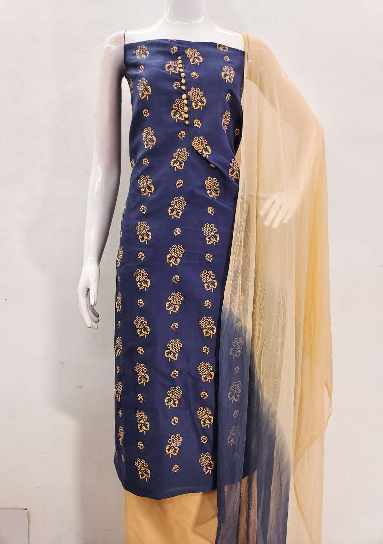 Navy Blue Printed Cotton Straight Kurta Set - Indya