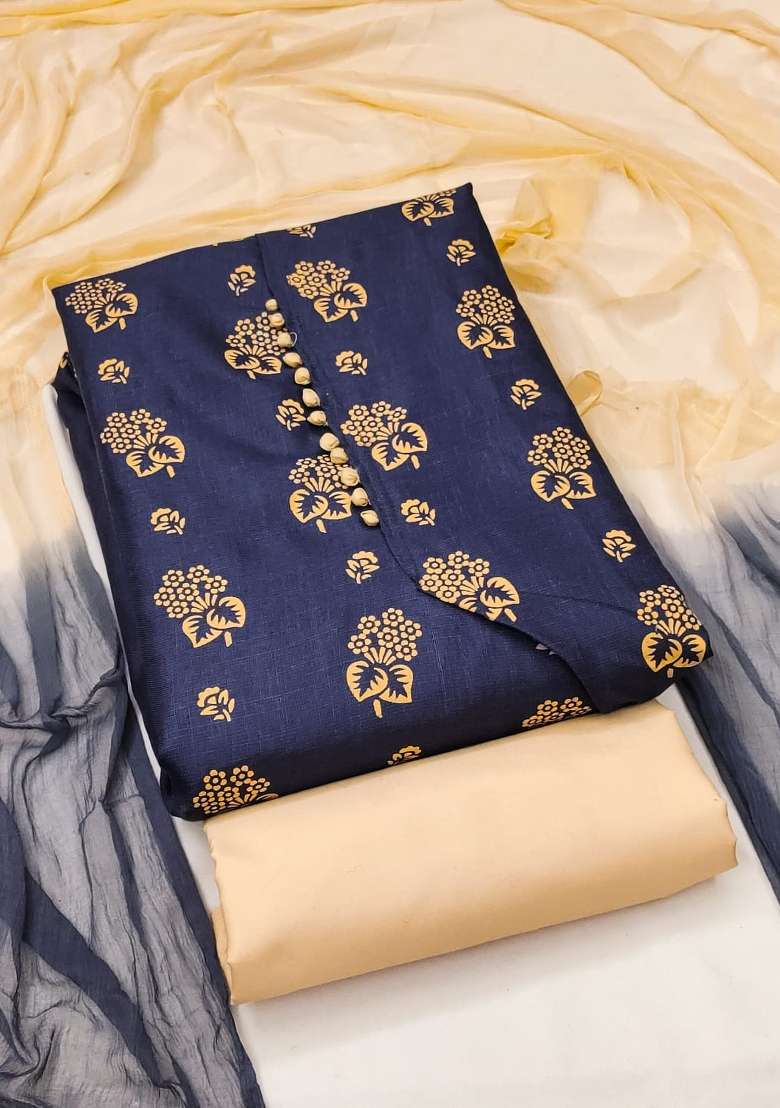 Navy Blue Printed Cotton Straight Kurta Set - Indya