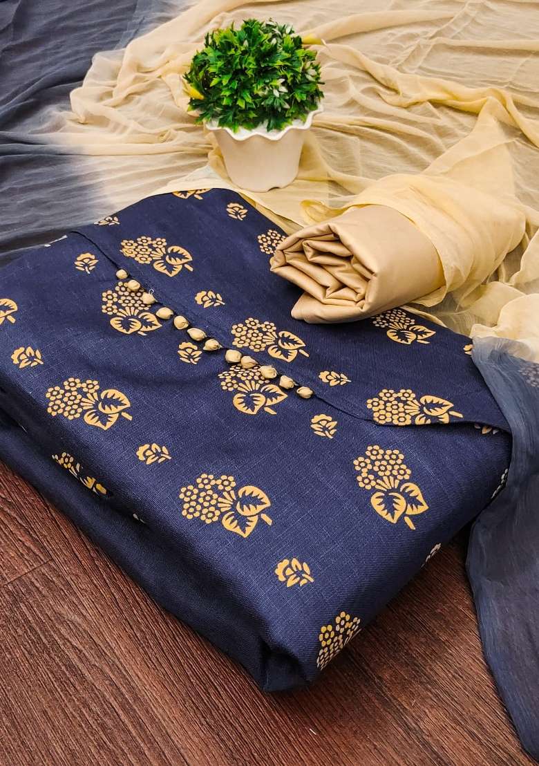 Navy Blue Printed Cotton Straight Kurta Set - Indya