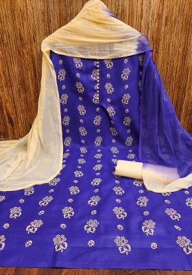 Royal Blue Embroidered Cotton Blend Dress Material