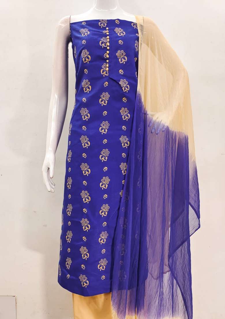 Royal Blue Embroidered Cotton Straight Kurta Set - Indya