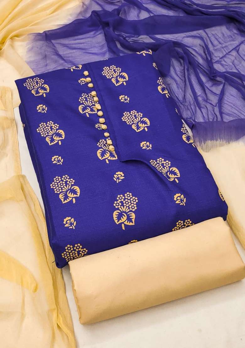 Royal Blue Embroidered Cotton Straight Kurta Set - Indya