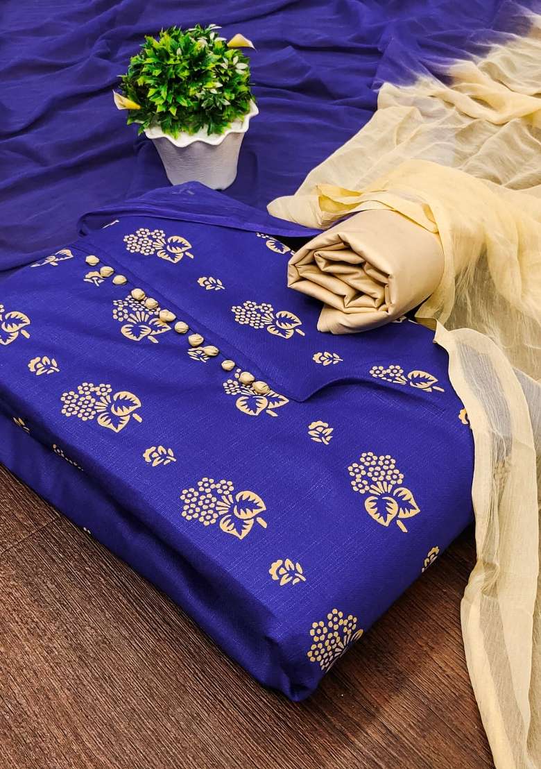 Royal Blue Embroidered Cotton Straight Kurta Set - Indya