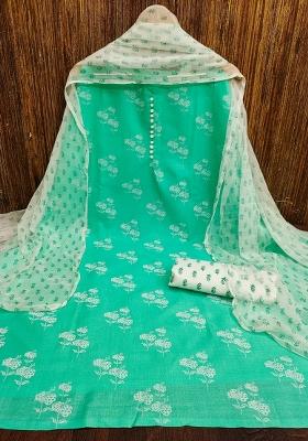 Light Green Embroidered Cotton Blend Dress Material