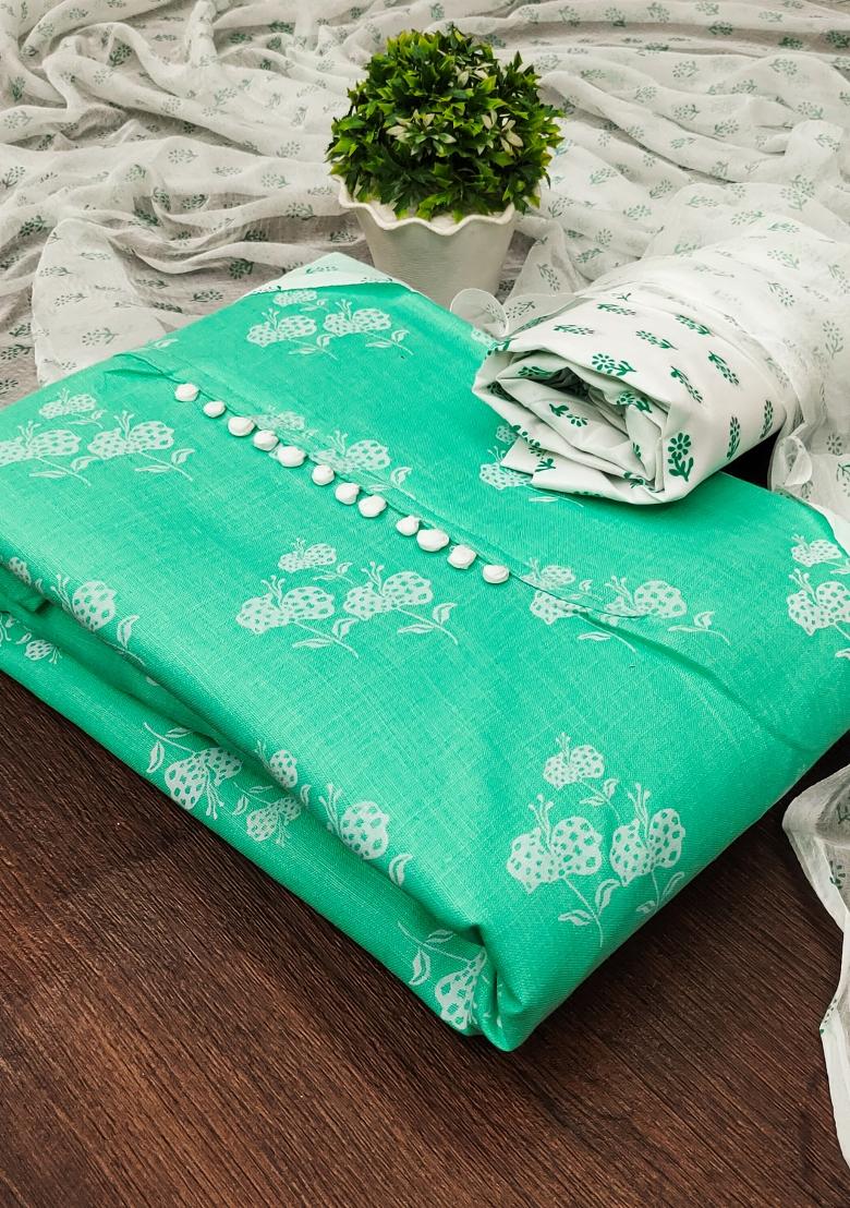 Light Green Embroidered Cotton Blend Dress Material - Indya