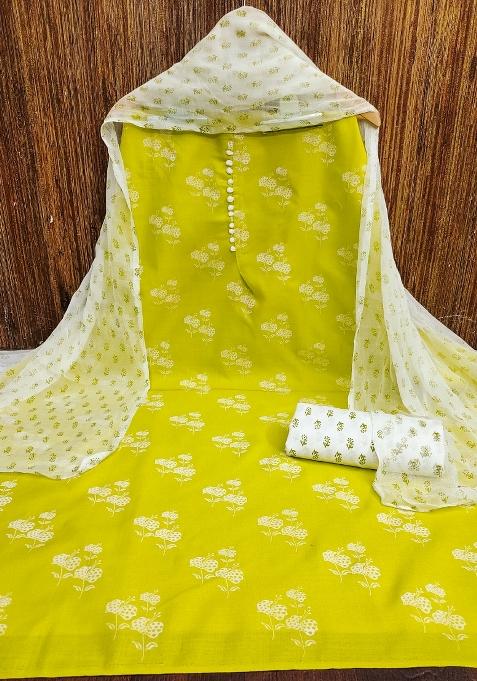 Lemon Embroidered Cotton Blend Dress Material