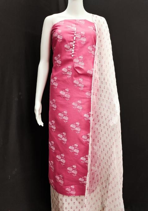 Pink Floral Print Blended Straight Kurta Set