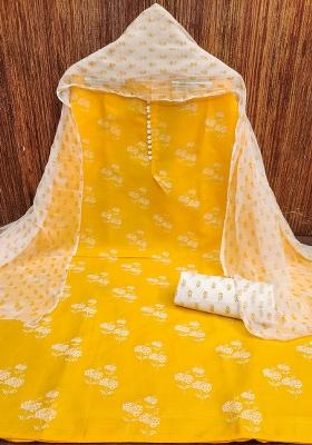 Yellow Embroidered Cotton Blend Dress Material