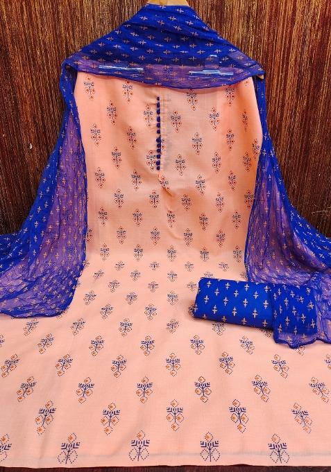 Peach Embroidered Cotton Blend Dress Material