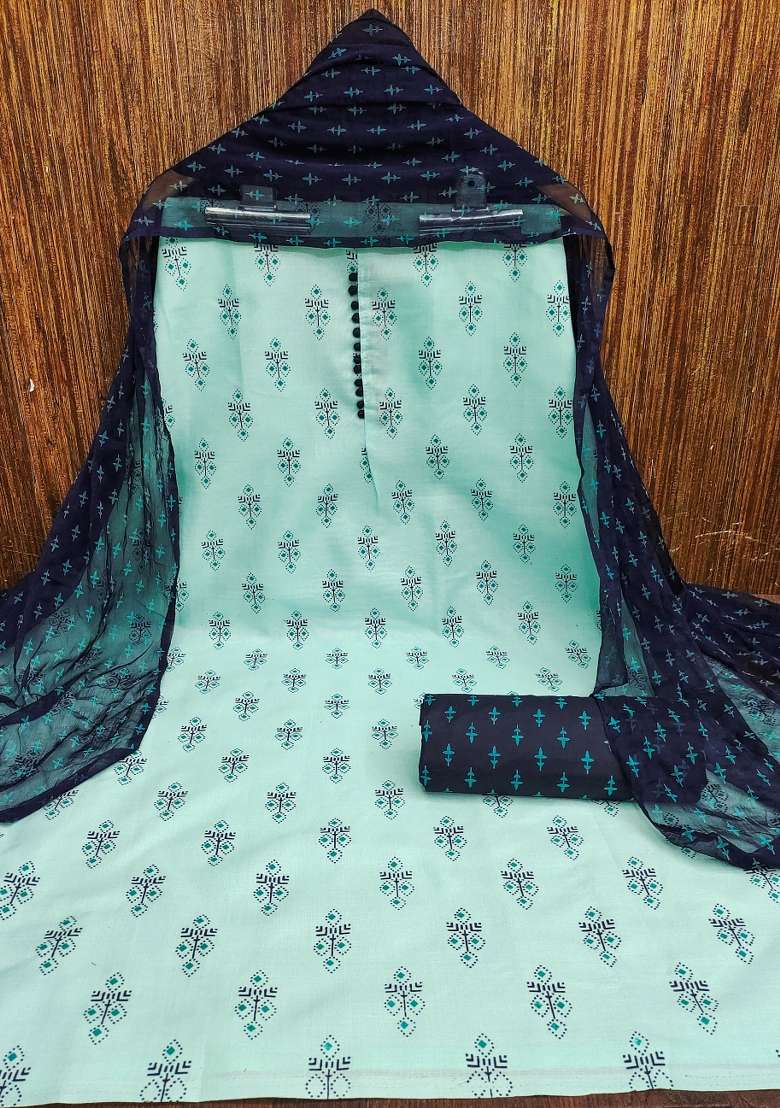 Sea Green Printed Cotton Straight Kurta Set - Indya